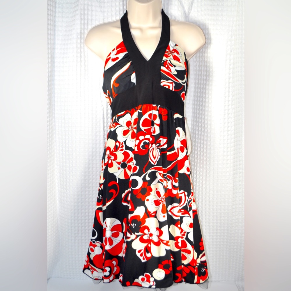 NWT Love Tease Bold Floral Black Red And White Halter Dress Women’s Size Large